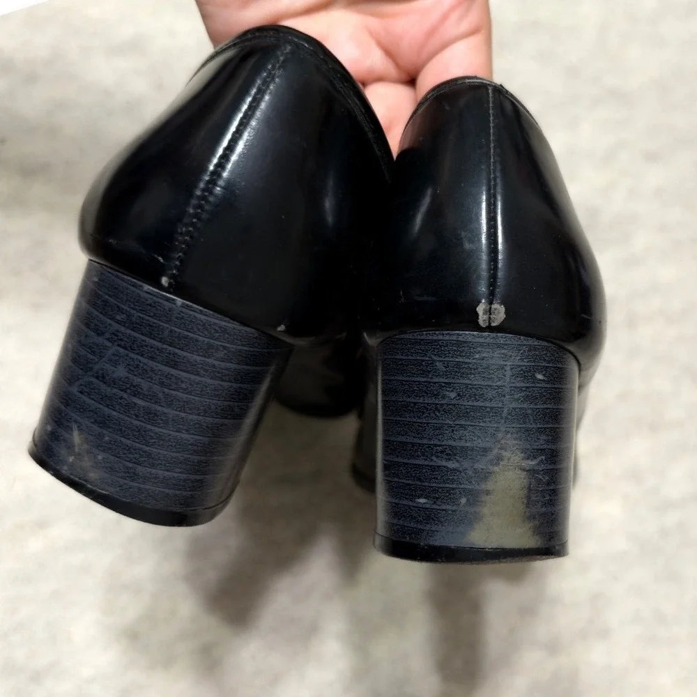 Y2K Heeled Penny Loafers Black Patent Leather Block Heel Shoes 8 Twee Preppy Mod_5